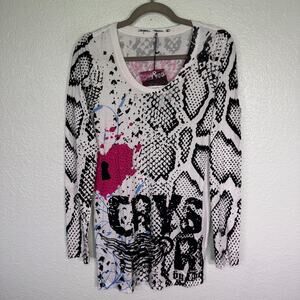 Christian Audigier Y2K Shirt Womens Large Crystal Rock Rhinestone Heart Locket